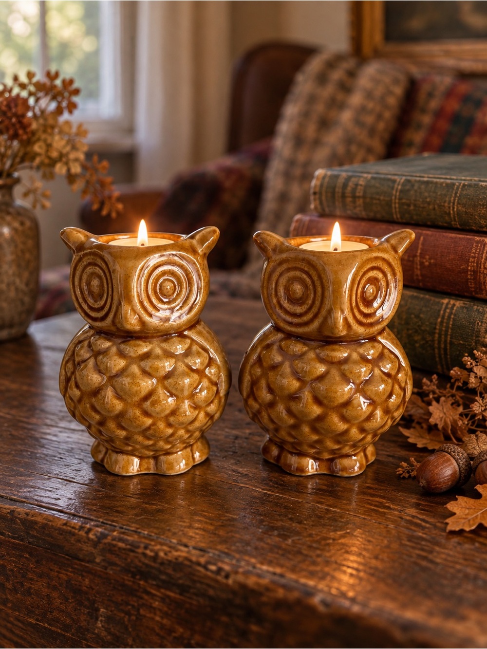 Ceramic Owl Candle Holders - Amber Brown